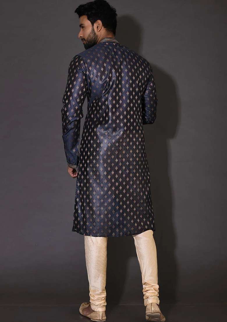 Navy Blue Handwork Silk Kurta Set For Men - Indya