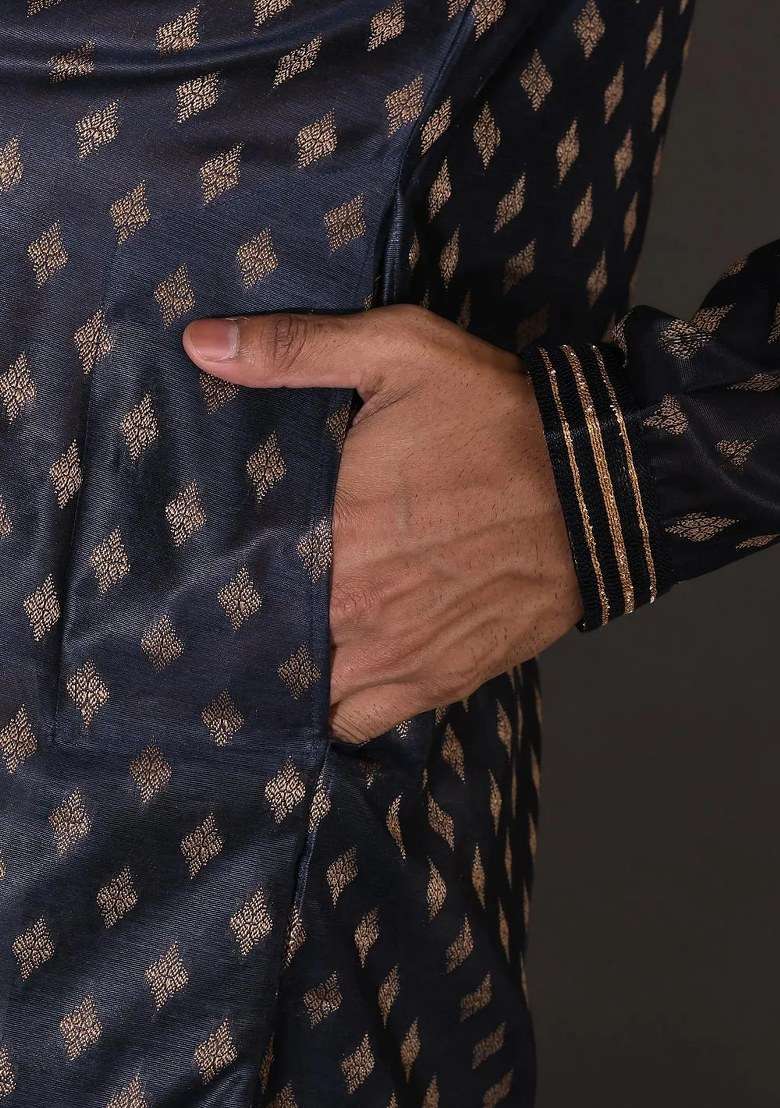 Navy Blue Handwork Silk Kurta Set For Men - Indya