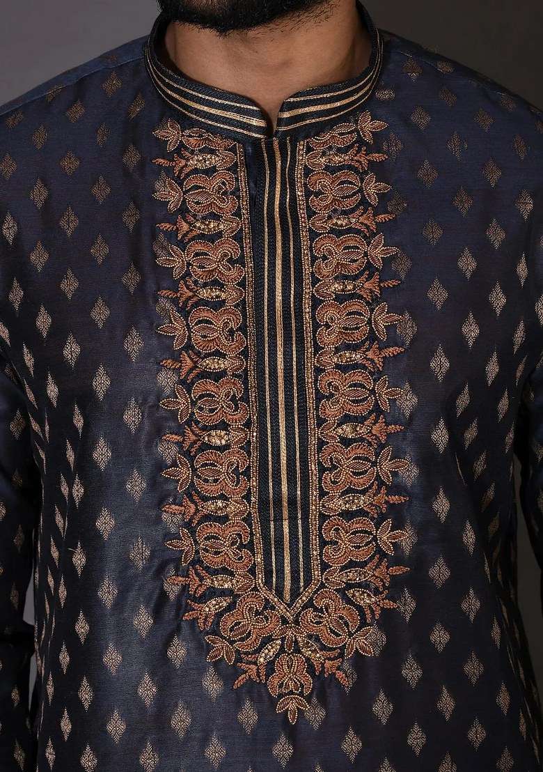 Navy Blue Handwork Silk Kurta Set For Men - Indya