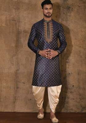 Navy Blue Handwork Silk Kurta Set For Men
