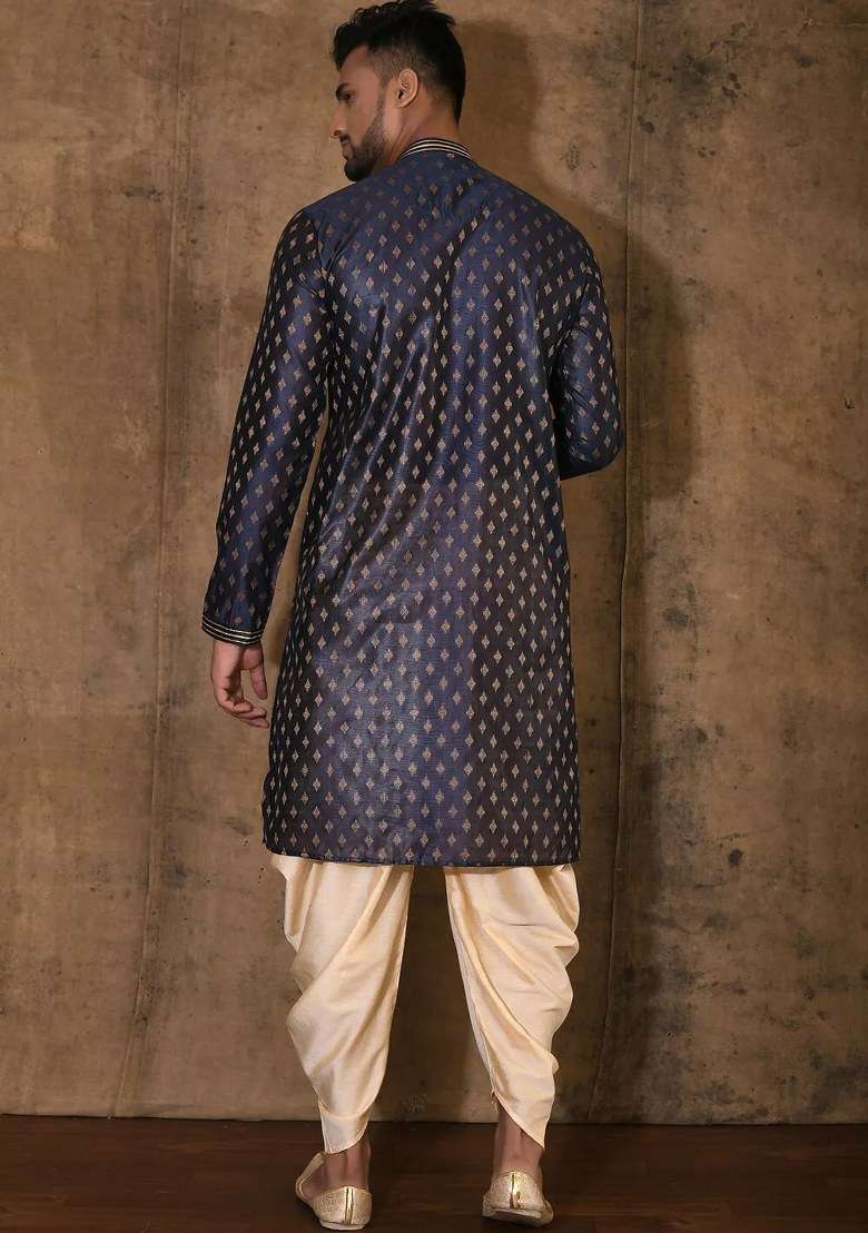 Navy Blue Handwork Silk Kurta Set For Men - Indya