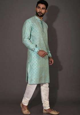 Sky Blue Handwork Silk Kurta Set For Men