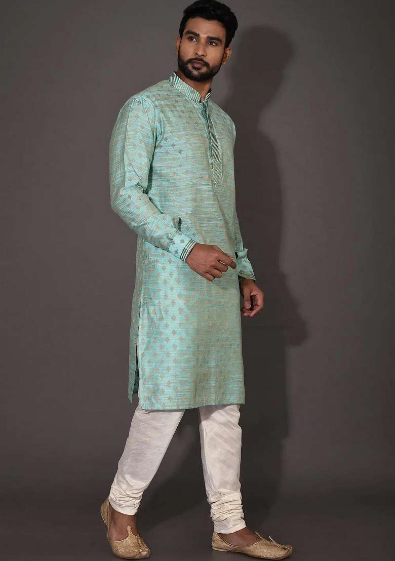 Sky Blue Handwork Silk Kurta Set For Men - Indya