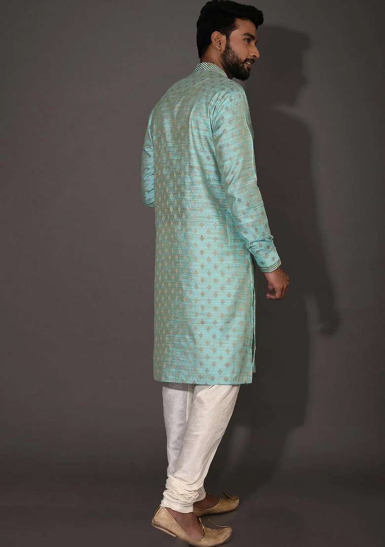 Sky Blue Handwork Silk Kurta Set For Men - Indya