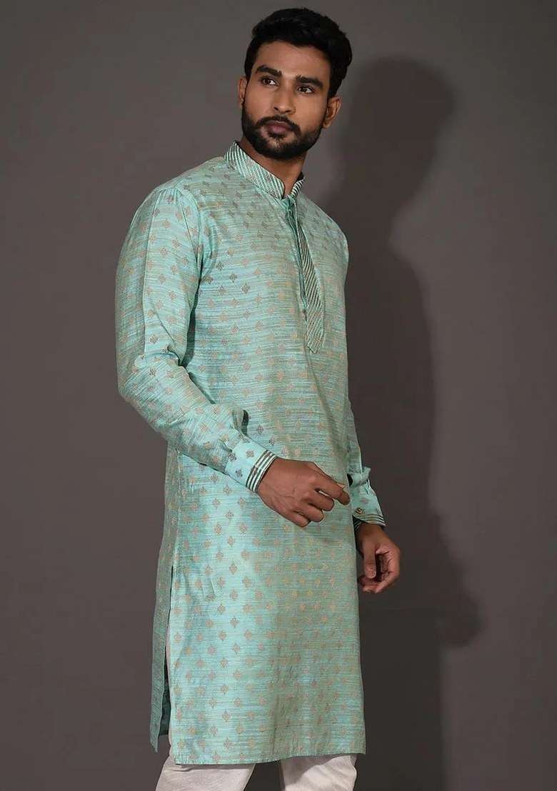 Sky Blue Handwork Silk Kurta Set For Men - Indya