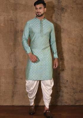 Sky Blue Handwork Silk Kurta Set For Men