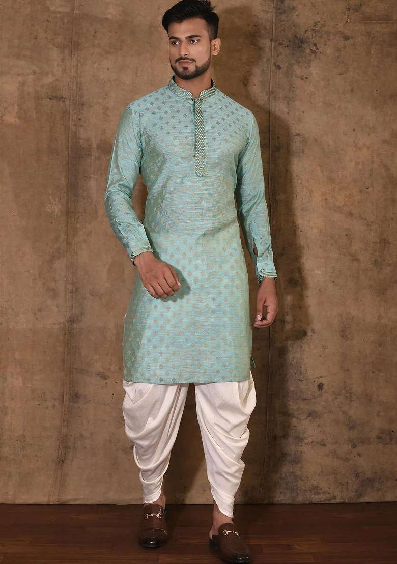 Sky Blue Handwork Silk Kurta Set For Men - Indya