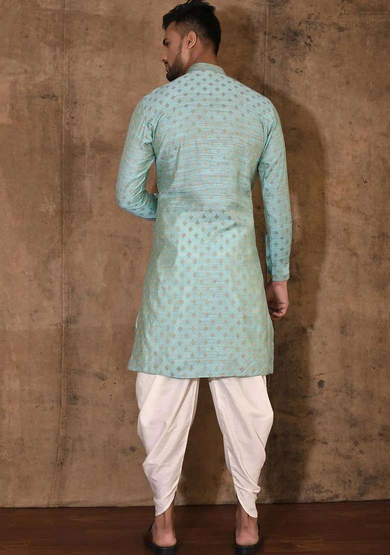 Sky Blue Handwork Silk Kurta Set For Men - Indya