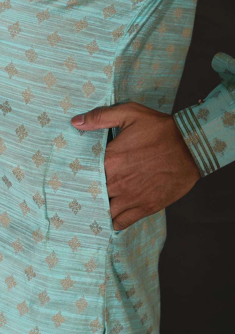Sky Blue Handwork Silk Kurta Set For Men - Indya