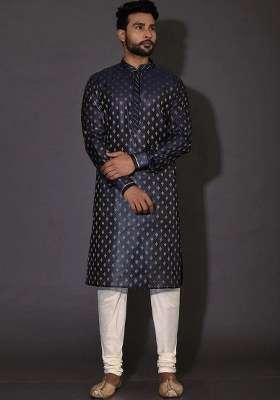 Navy Blue Handwork Silk Kurta Set For Men