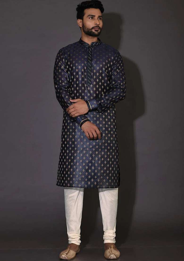 Navy Blue Handwork Silk Kurta Set For Men - Indya