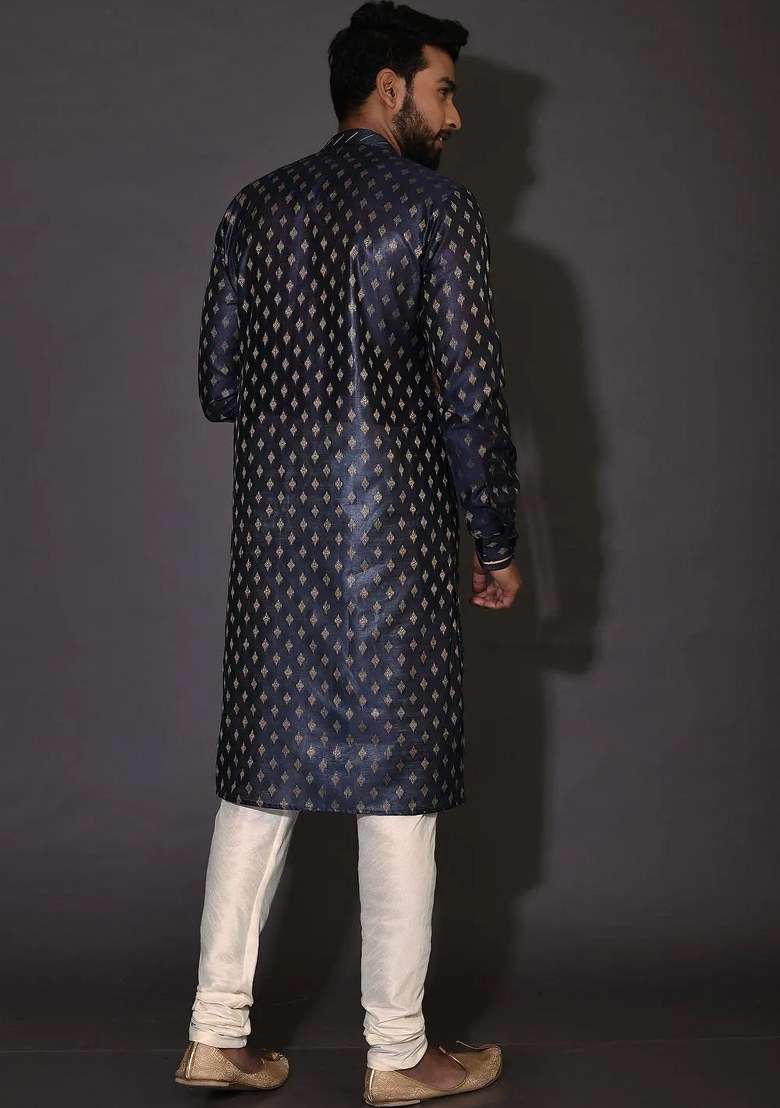 Navy Blue Handwork Silk Kurta Set For Men - Indya