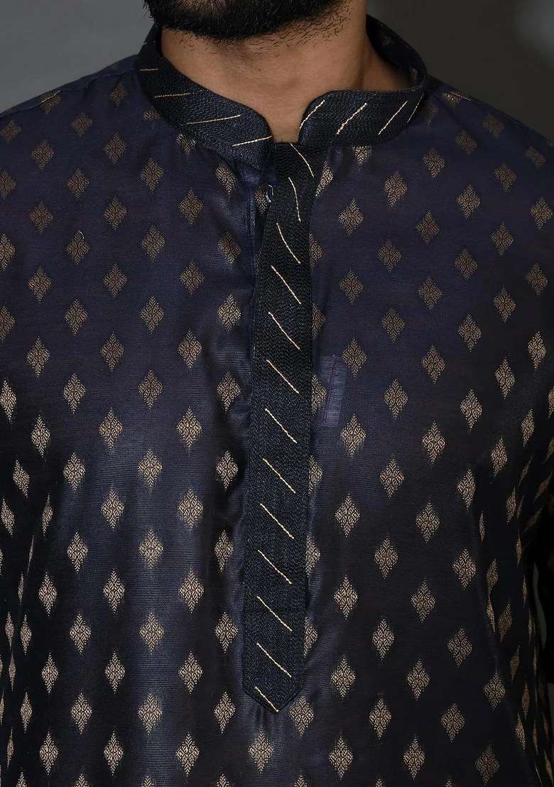 Navy Blue Handwork Silk Kurta Set For Men - Indya