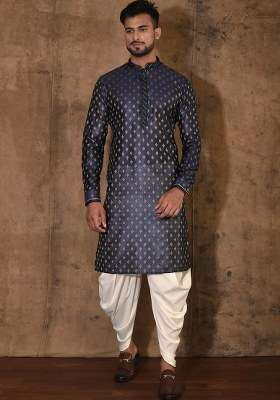 Navy Blue Handwork Silk Kurta Set For Men