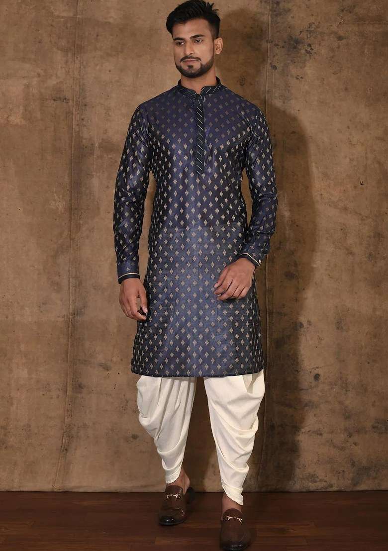 Navy Blue Handwork Silk Kurta Set For Men - Indya