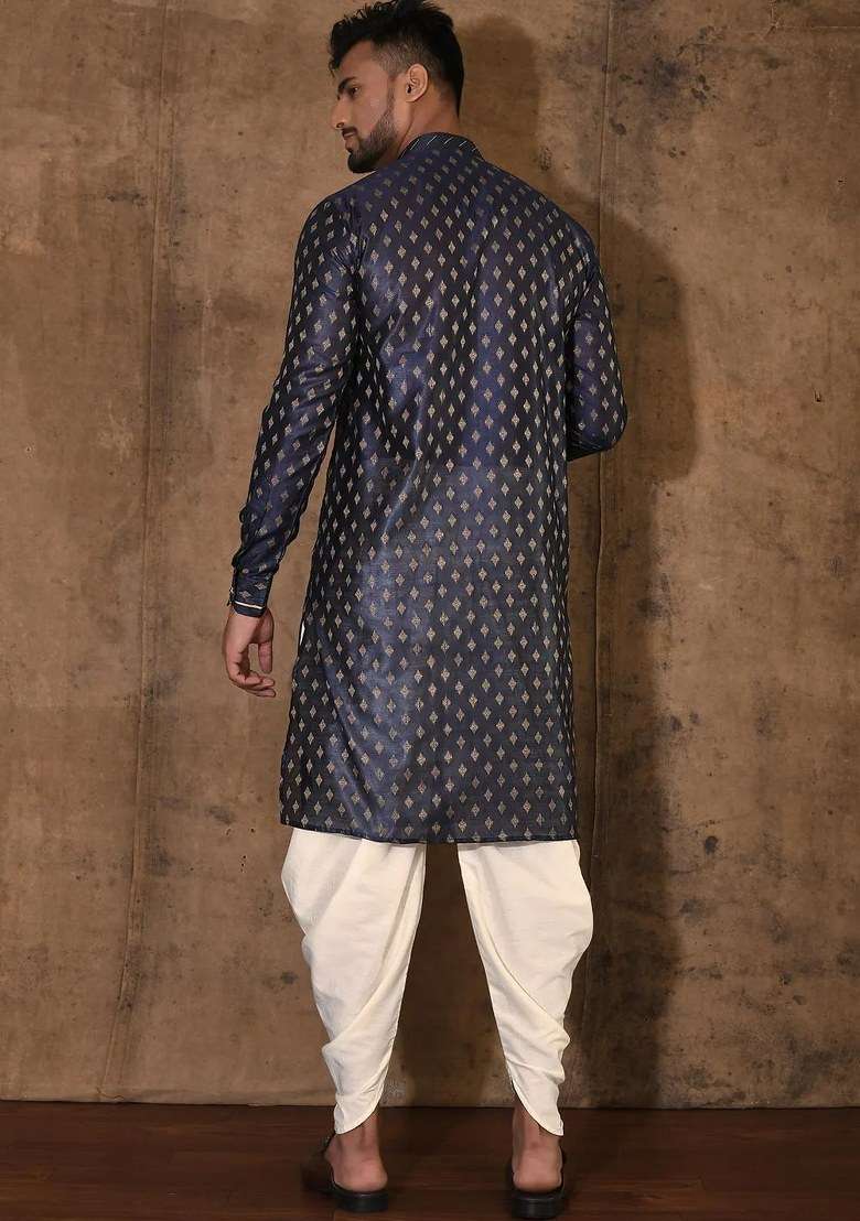 Navy Blue Handwork Silk Kurta Set For Men - Indya