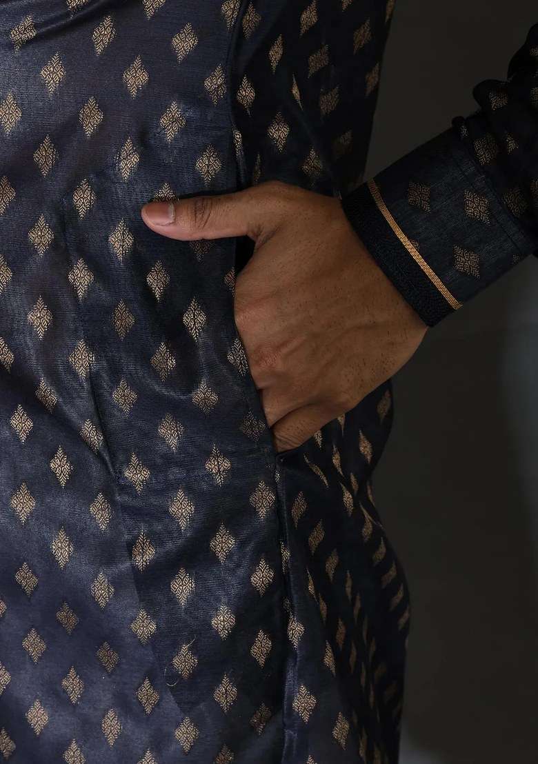 Navy Blue Handwork Silk Kurta Set For Men - Indya