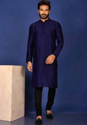 Navy Blue Silk Kurta Set For Men
