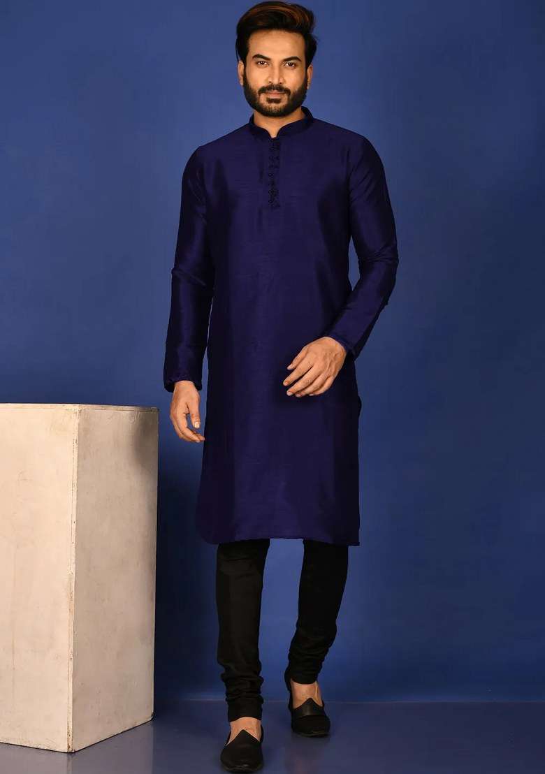 Navy Blue Silk Kurta Set For Men - Indya