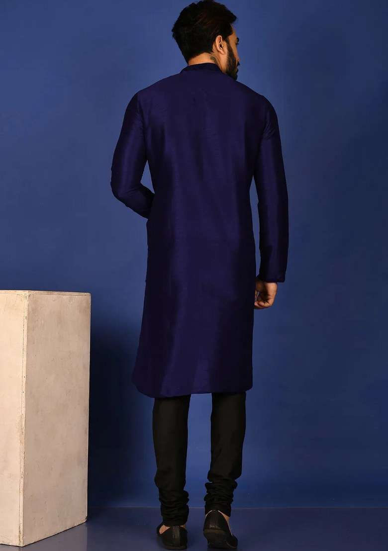 Navy Blue Silk Kurta Set For Men - Indya