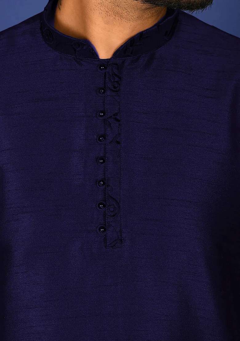 Navy Blue Silk Kurta Set For Men - Indya