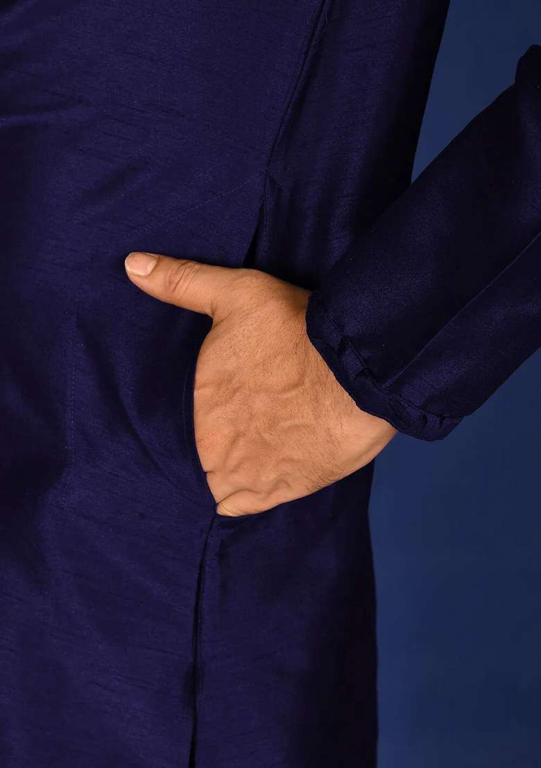 Navy Blue Silk Kurta Set For Men - Indya