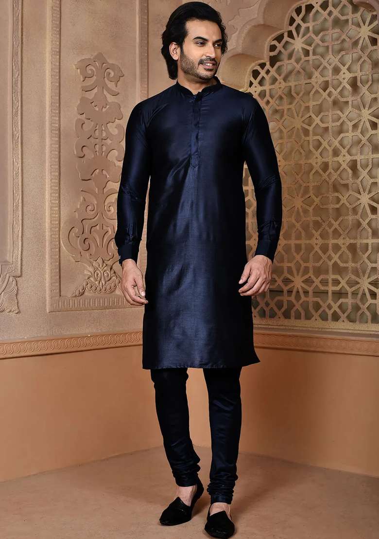 Navy Blue Silk Kurta Set For Men - Indya