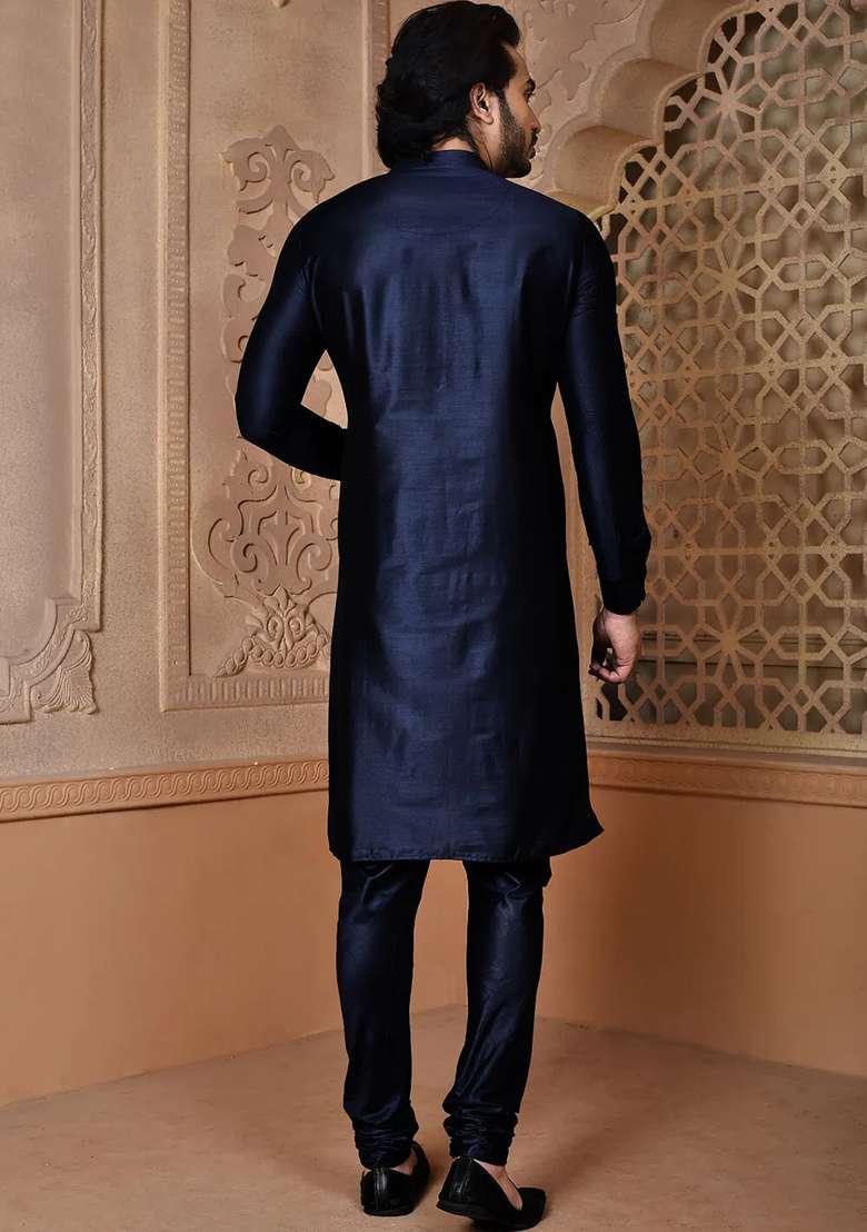 Navy Blue Silk Kurta Set For Men - Indya