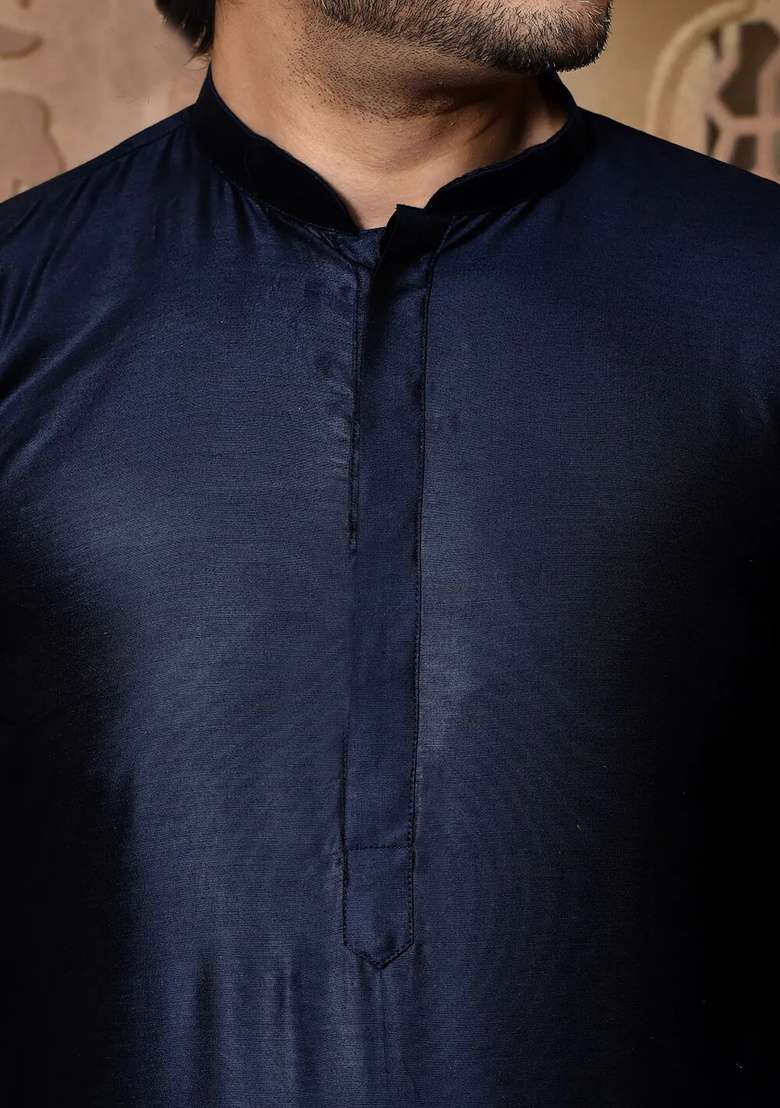 Navy Blue Silk Kurta Set For Men - Indya