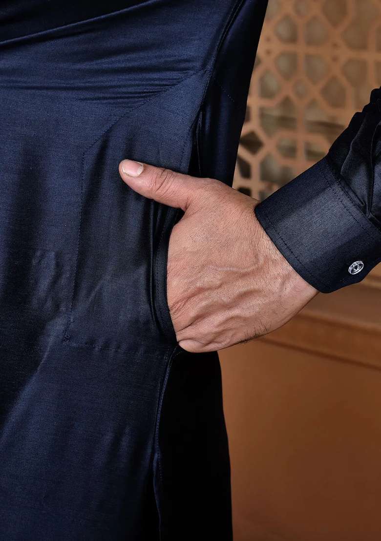 Navy Blue Silk Kurta Set For Men - Indya