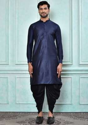 Navy Blue Silk Kurta Set For Men