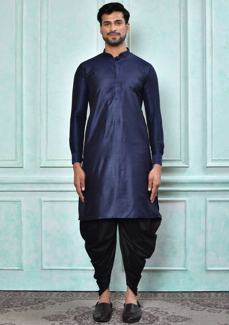 Navy Blue Silk Kurta Set For Men - Indya