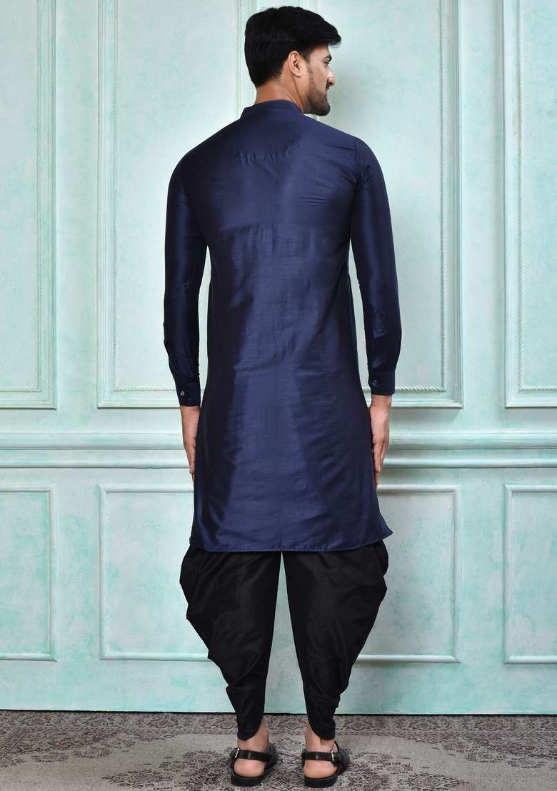 Navy Blue Silk Kurta Set For Men - Indya
