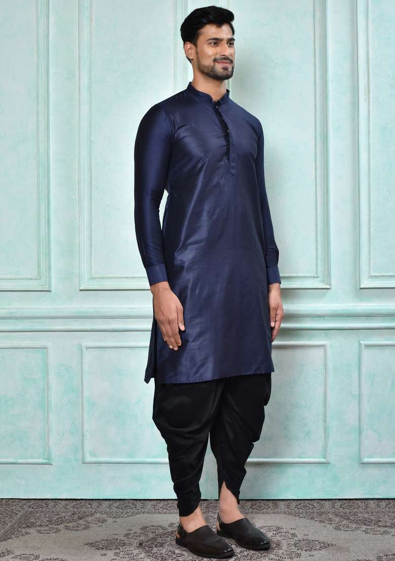 Navy Blue Silk Kurta Set For Men - Indya