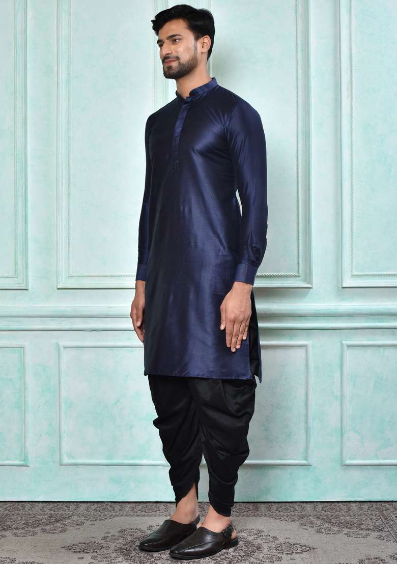 Navy Blue Silk Kurta Set For Men - Indya