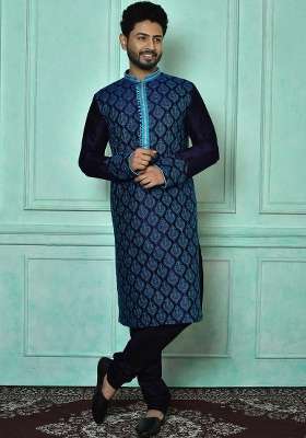 Navy Blue Silk Kurta Set For Men