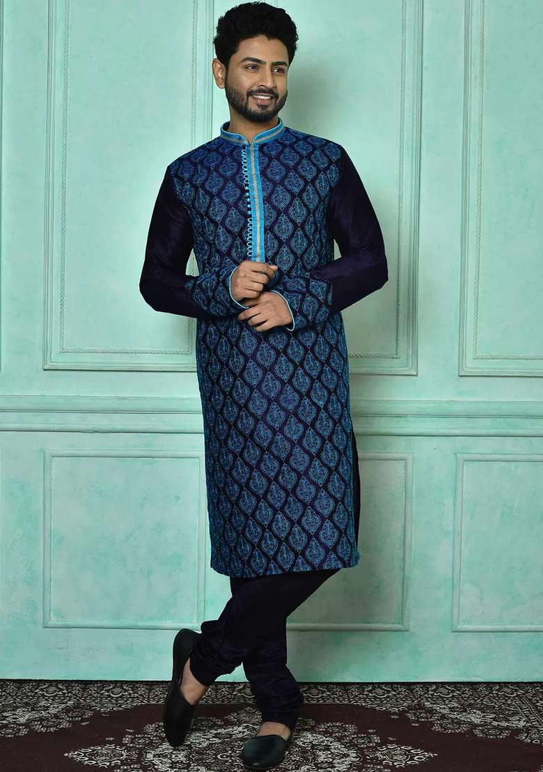 Navy Blue Silk Kurta Set For Men - Indya