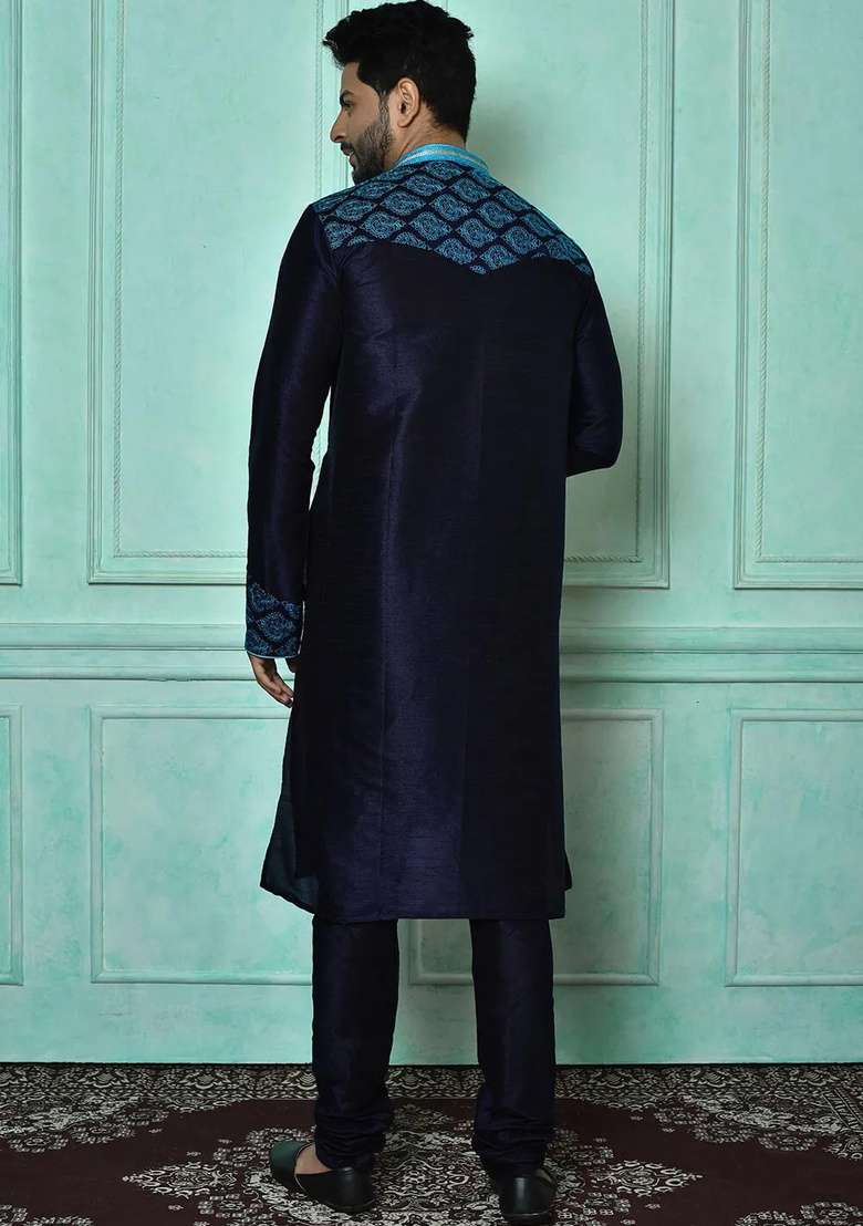 Navy Blue Silk Kurta Set For Men - Indya