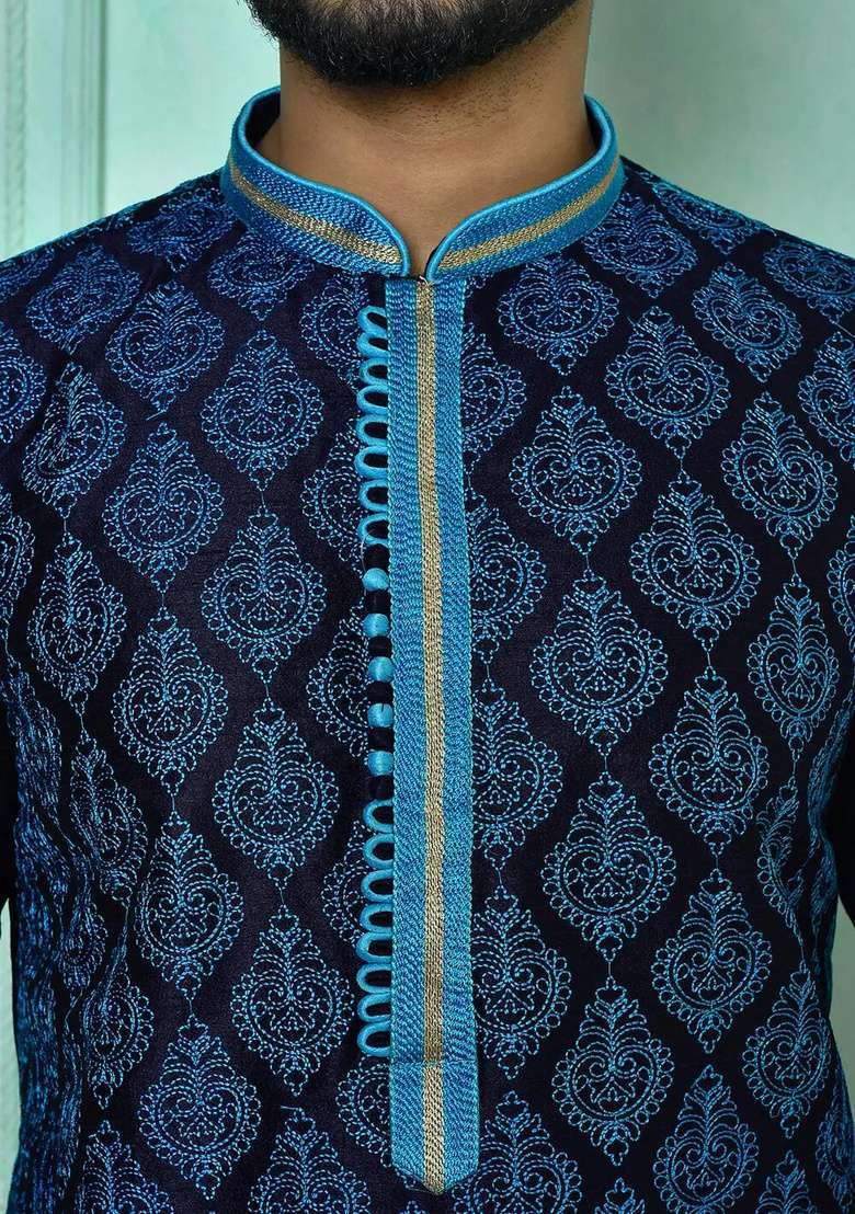 Navy Blue Silk Kurta Set For Men - Indya
