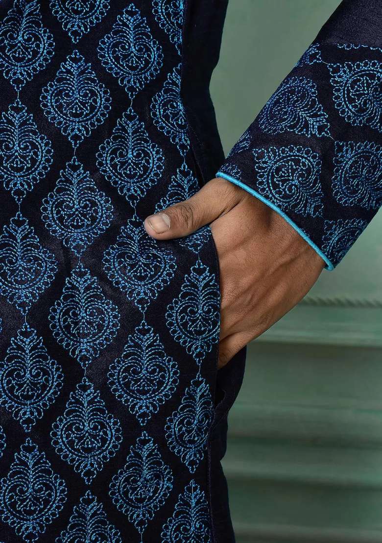 Navy Blue Silk Kurta Set For Men - Indya