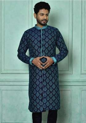 Navy Blue Silk Kurta Set For Men