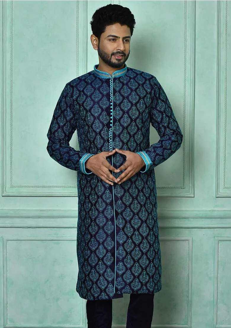 Navy Blue Silk Kurta Set For Men - Indya