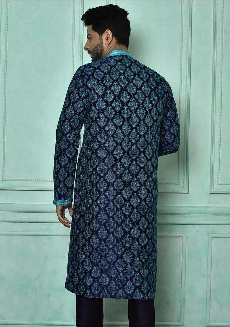 Navy Blue Silk Kurta Set For Men - Indya
