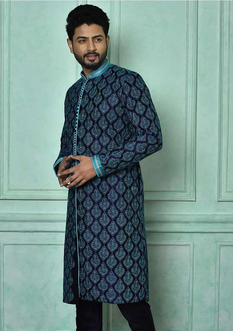 Navy Blue Silk Kurta Set For Men - Indya