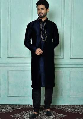 Navy Blue Embroidered Silk Kurta Set For Men