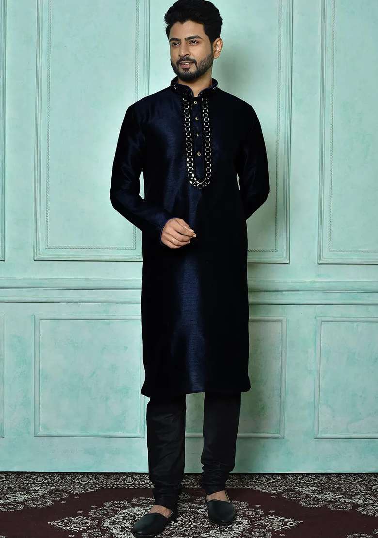 Navy Blue Embroidered Silk Kurta Set For Men - Indya
