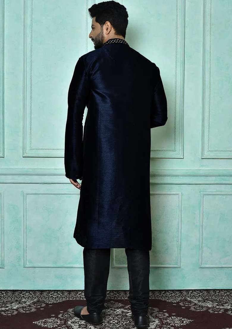 Navy Blue Embroidered Silk Kurta Set For Men - Indya