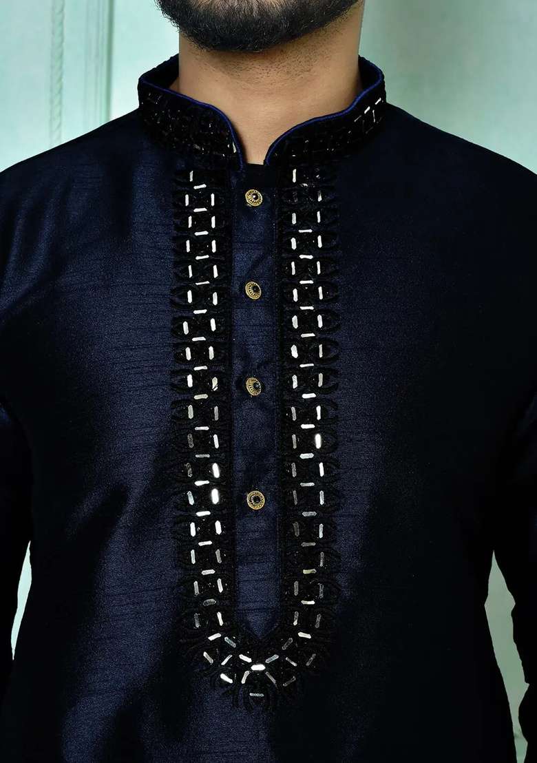 Navy Blue Embroidered Silk Kurta Set For Men - Indya