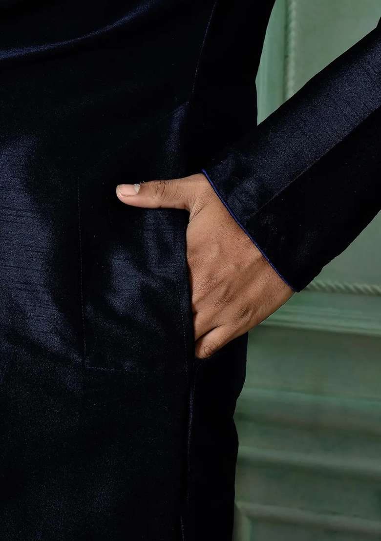 Navy Blue Embroidered Silk Kurta Set For Men - Indya