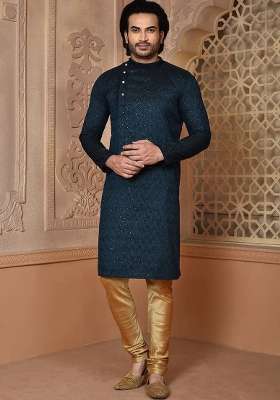 Navy Blue Silk Kurta Set For Men
